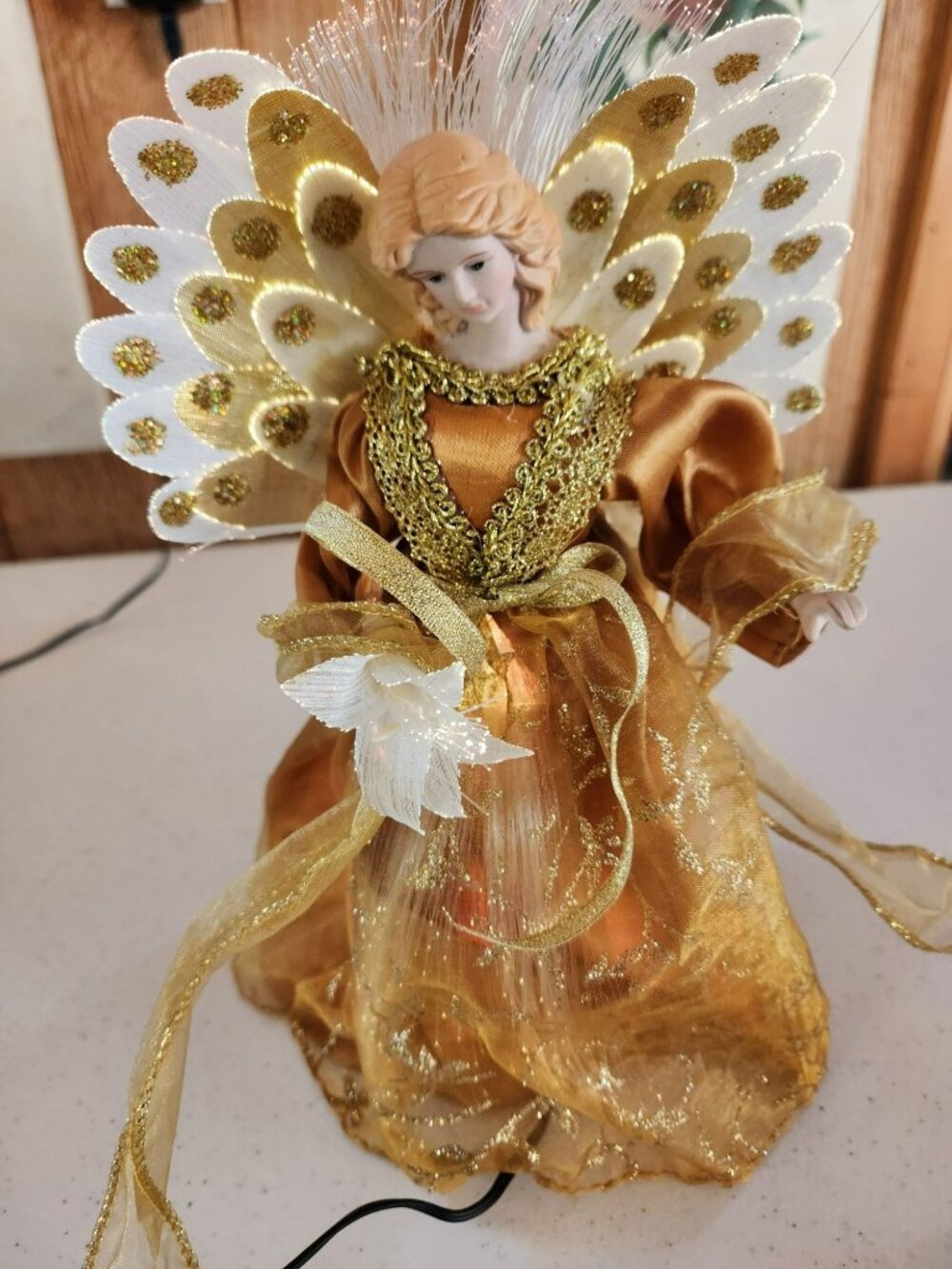 10" Fiber Optic Angel Tree Topper With Golden Gown & Light-Up Wings